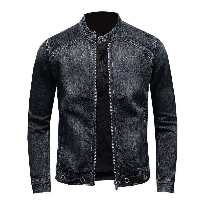 Europäischer Stehkragen Bomber Pilot Schwarze Jeansjacke Herren Jeans Mäntel Slim Motorrad Casual Outwear Kleidung Mantel - Schwarz