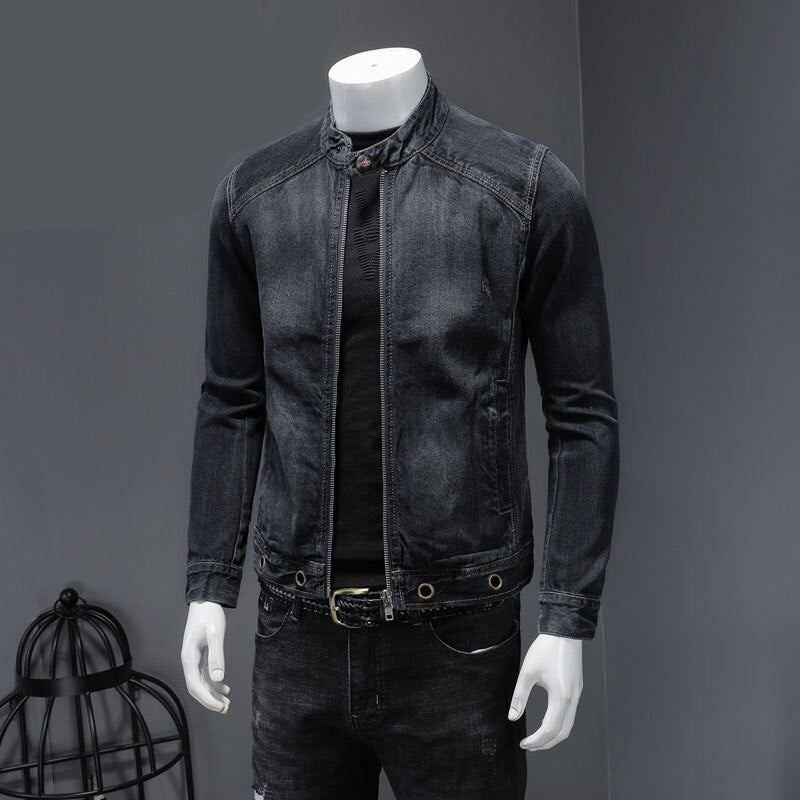 Europäischer Stehkragen Bomber Pilot Schwarze Jeansjacke Herren Jeans Mäntel Slim Motorrad Casual Outwear Kleidung Mantel - Schwarz