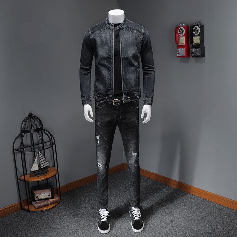 Europäischer Stehkragen Bomber Pilot Schwarze Jeansjacke Herren Jeans Mäntel Slim Motorrad Casual Outwear Kleidung Mantel - Schwarz