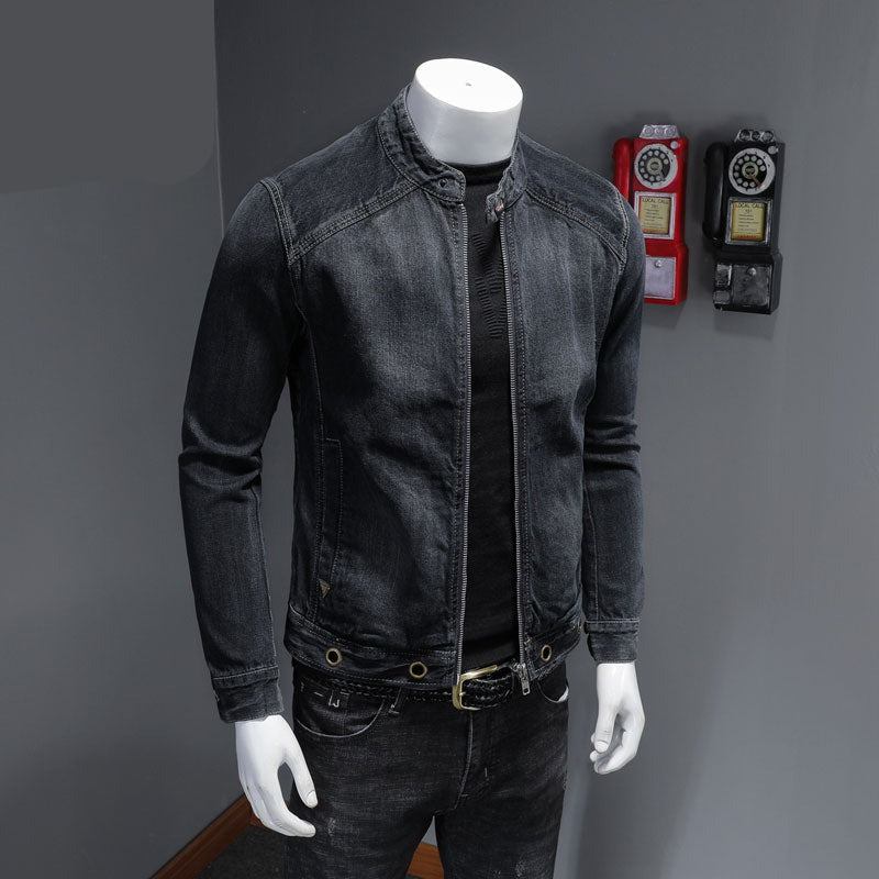 Europäischer Stehkragen Bomber Pilot Schwarze Jeansjacke Herren Jeans Mäntel Slim Motorrad Casual Outwear Kleidung Mantel - Schwarz