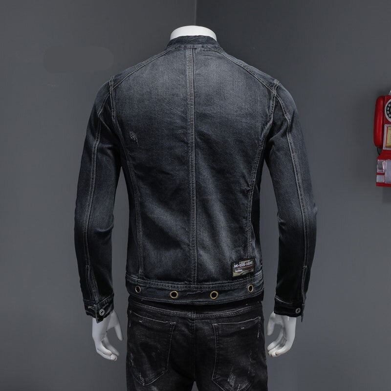 Europäischer Stehkragen Bomber Pilot Schwarze Jeansjacke Herren Jeans Mäntel Slim Motorrad Casual Outwear Kleidung Mantel - Schwarz