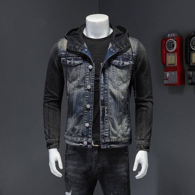 Europäischer Stil Kapuzen Colorblock Bomber Pilot Blau Jeansjacke Herren Jeans Mäntel Motorrad Casual Slim Outwear Kleidung Mantel - Jeansblau