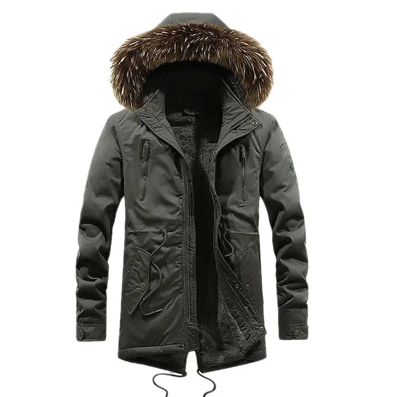 Fellkapuze Fleece Verdickte Jacke Warme Lange Windjacke Herren Militär Winterjacke Baumwolle Freizeitjacke - Schwarz