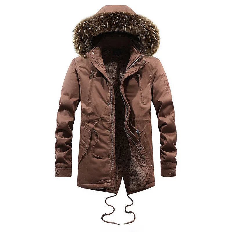 Fellkapuze Fleece Verdickte Jacke Warme Lange Windjacke Herren Militär Winterjacke Baumwolle Freizeitjacke - Schwarz