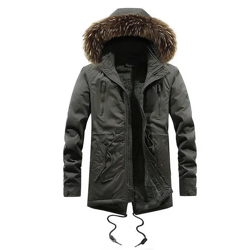 Fellkapuze Fleece Verdickte Jacke Warme Lange Windjacke Herren Militär Winterjacke Baumwolle Freizeitjacke - Schwarz