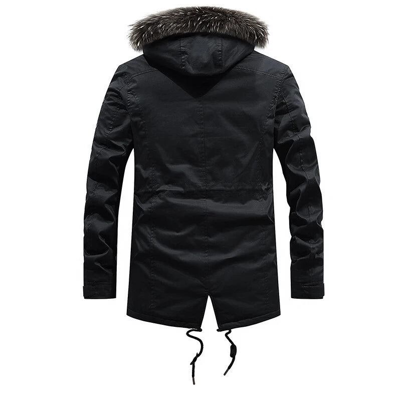 Fellkapuze Fleece Verdickte Jacke Warme Lange Windjacke Herren Militär Winterjacke Baumwolle Freizeitjacke - Schwarz