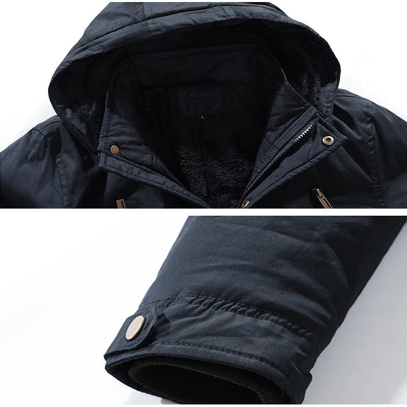 Fellkapuze Fleece Verdickte Jacke Warme Lange Windjacke Herren Militär Winterjacke Baumwolle Freizeitjacke - Schwarz