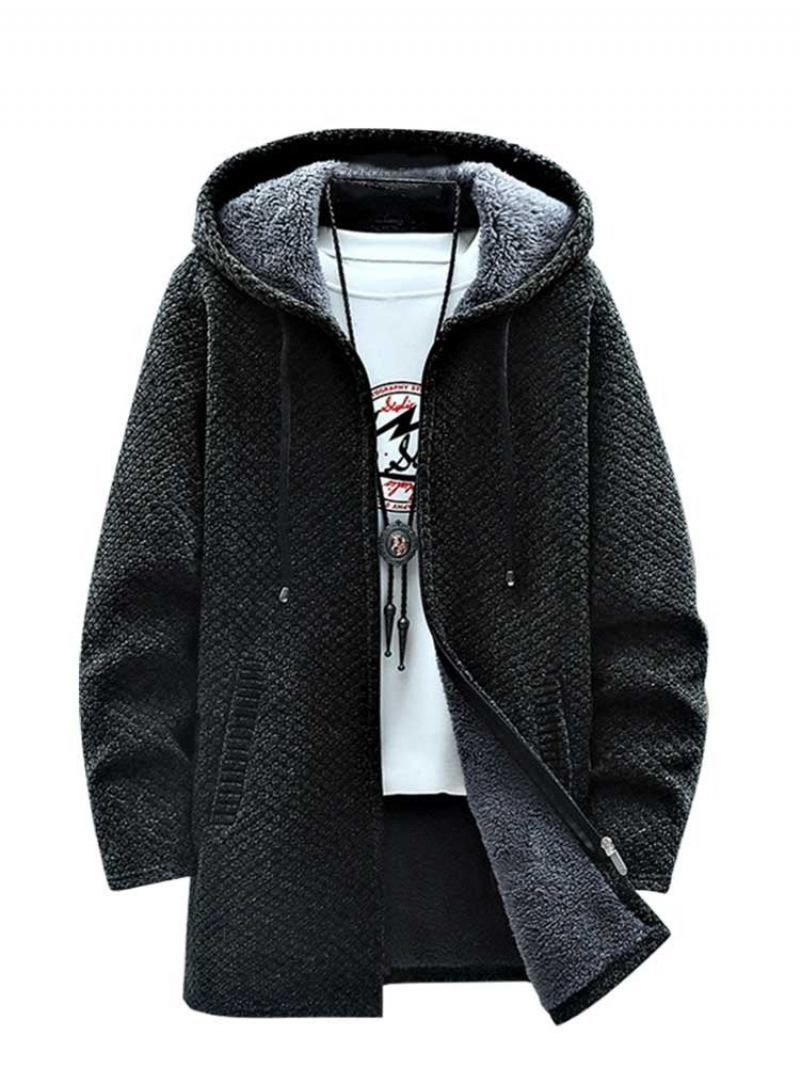 Fleecegefütterter Pullovermantel Für Herren Langer Reißverschluss Kapuzenjacke Einfarbig Dicke Oberbekleidung Warme Herbst-/winterjacke Pullover - Karamell