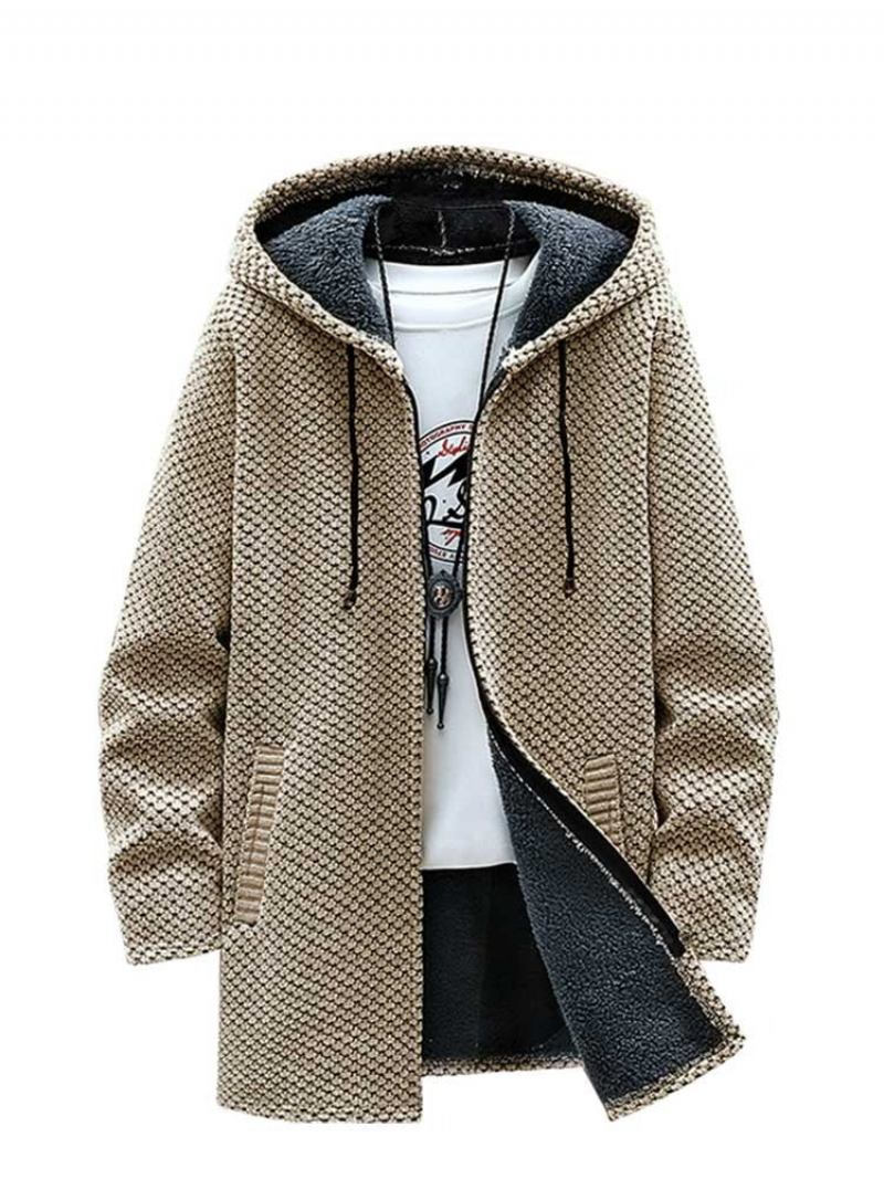 Fleecegefütterter Pullovermantel Für Herren Langer Reißverschluss Kapuzenjacke Einfarbig Dicke Oberbekleidung Warme Herbst-/winterjacke Pullover - Karamell