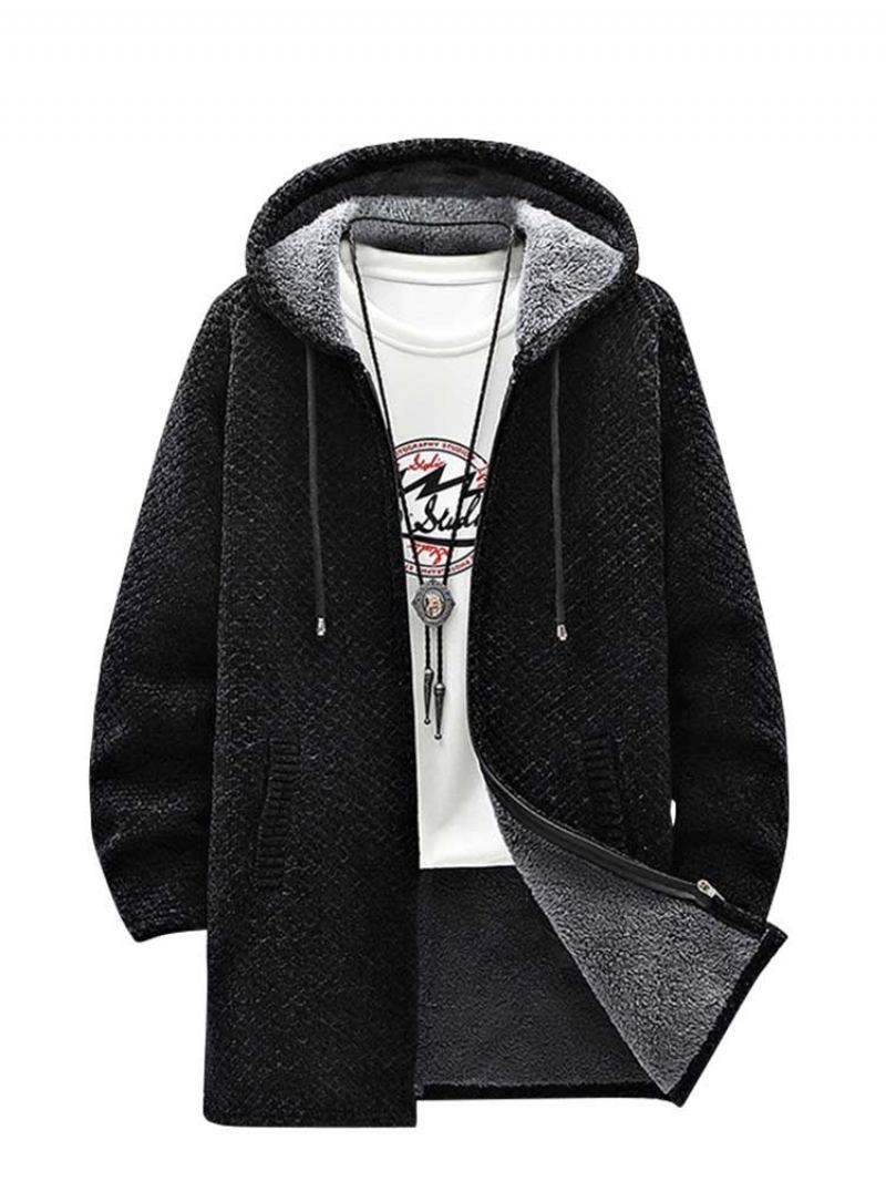 Fleecegefütterter Pullovermantel Für Herren Langer Reißverschluss Kapuzenjacke Einfarbig Dicke Oberbekleidung Warme Herbst-/winterjacke Pullover - Karamell