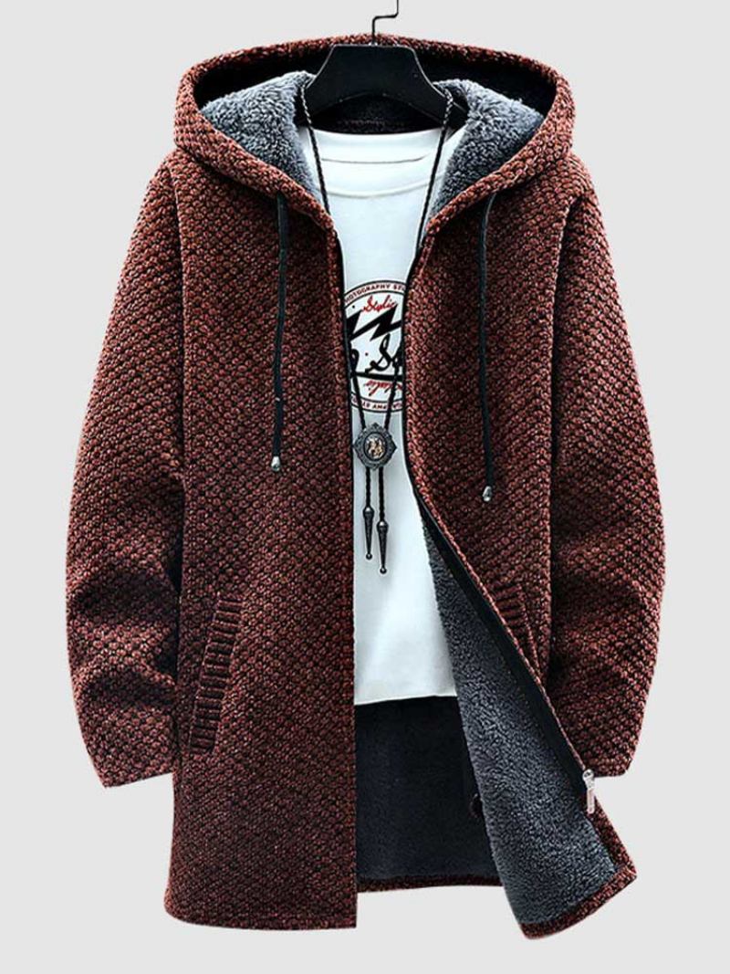 Fleecegefütterter Pullovermantel Für Herren Langer Reißverschluss Kapuzenjacke Einfarbig Dicke Oberbekleidung Warme Herbst-/winterjacke Pullover - Karamell