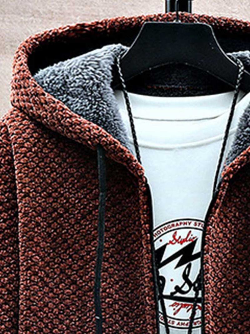 Fleecegefütterter Pullovermantel Für Herren Langer Reißverschluss Kapuzenjacke Einfarbig Dicke Oberbekleidung Warme Herbst-/winterjacke Pullover - Karamell