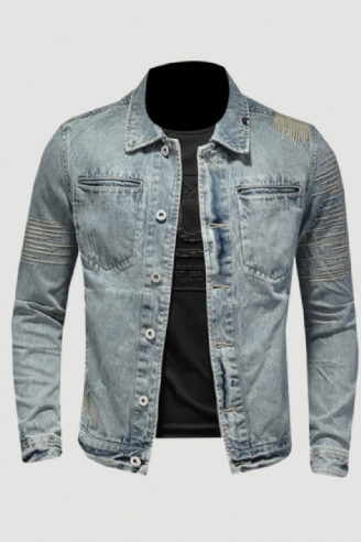 Frühling Jeansjacke Herren Jeansmantel Revers Langarm Bomber Motorrad Retro Stickerei Slim Streetwear Outwear Kleidung