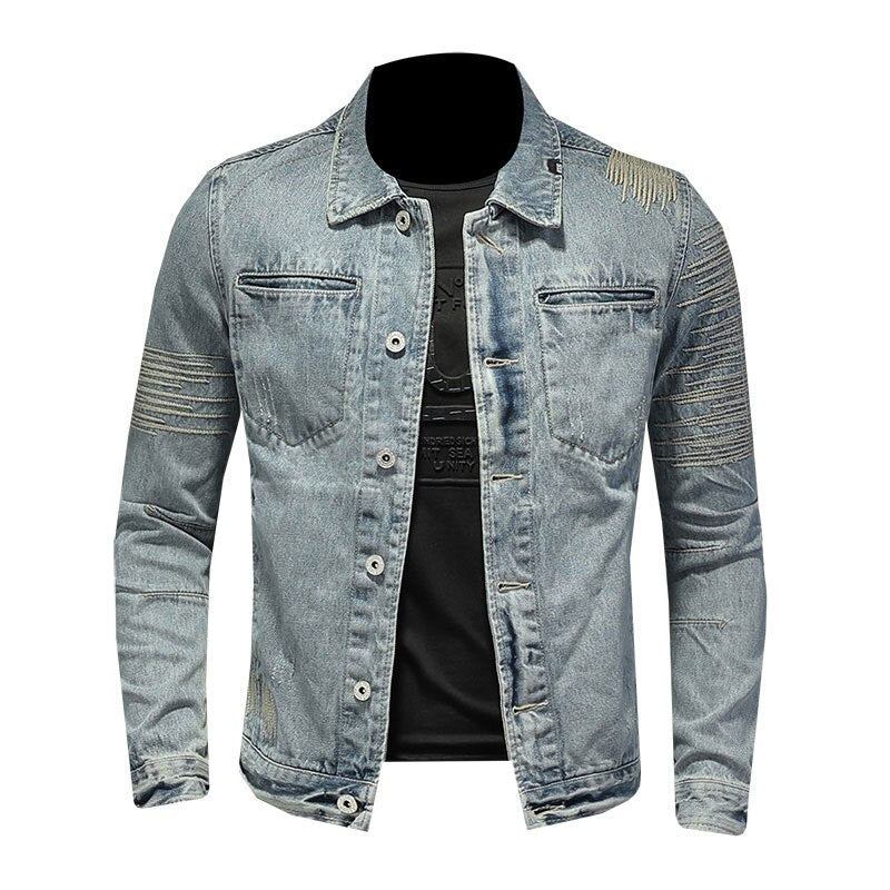 Frühling Jeansjacke Herren Jeansmantel Revers Langarm Bomber Motorrad Retro Stickerei Slim Streetwear Outwear Kleidung - Himmelblau