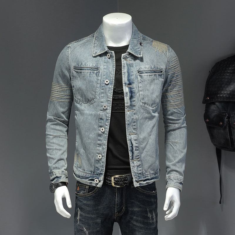 Frühling Jeansjacke Herren Jeansmantel Revers Langarm Bomber Motorrad Retro Stickerei Slim Streetwear Outwear Kleidung - Himmelblau