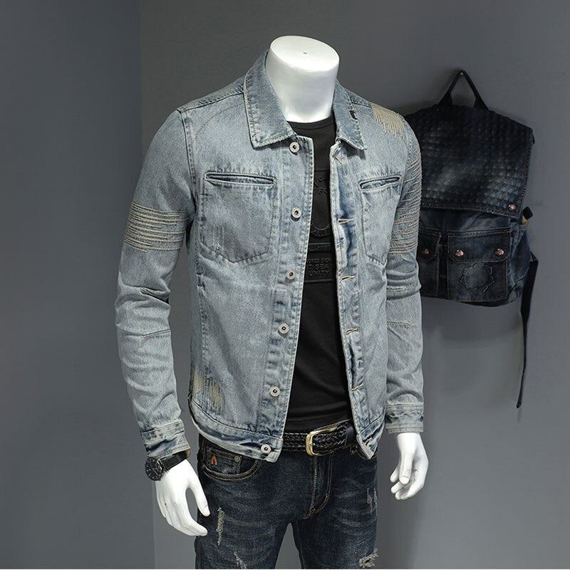 Frühling Jeansjacke Herren Jeansmantel Revers Langarm Bomber Motorrad Retro Stickerei Slim Streetwear Outwear Kleidung - Himmelblau