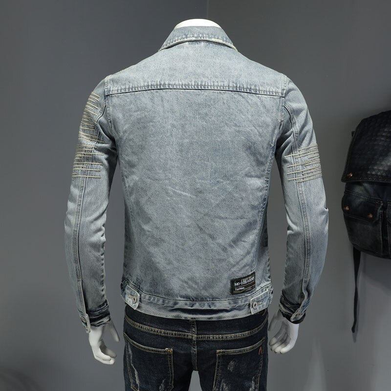 Frühling Jeansjacke Herren Jeansmantel Revers Langarm Bomber Motorrad Retro Stickerei Slim Streetwear Outwear Kleidung - Himmelblau