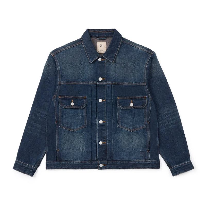 Frühlings-jeansjacke Im Westernstil Für Herren Gerüschtes Design Gewaschene Vintage-truckermäntel - Blau