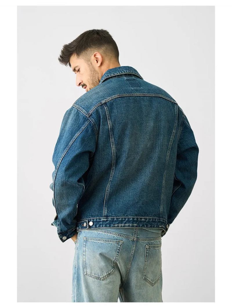 Frühlings-jeansjacke Im Westernstil Für Herren Gerüschtes Design Gewaschene Vintage-truckermäntel - Blau