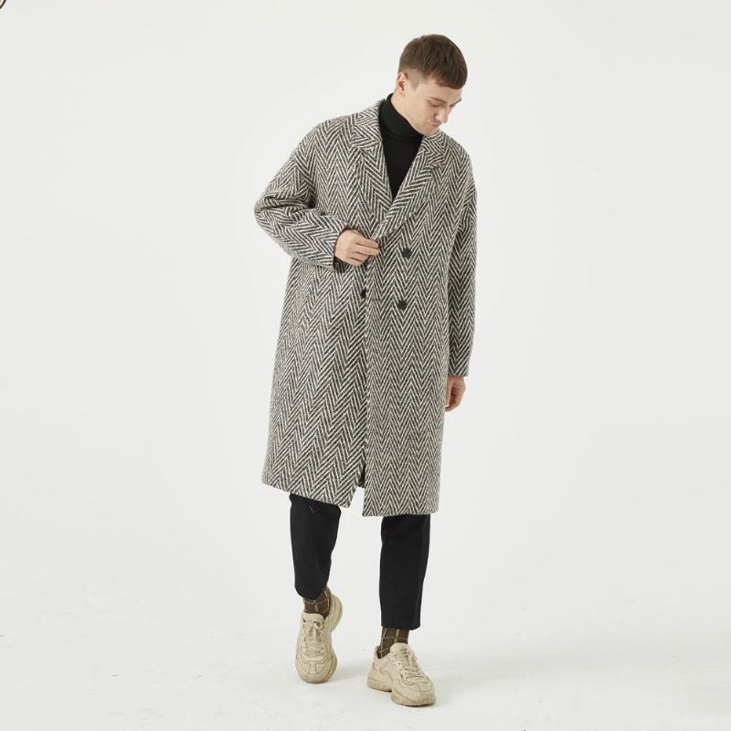 Gestreifter Wollmantel Für Herren Lockerer Zweireihiger Warmer Trenchcoat - Grau