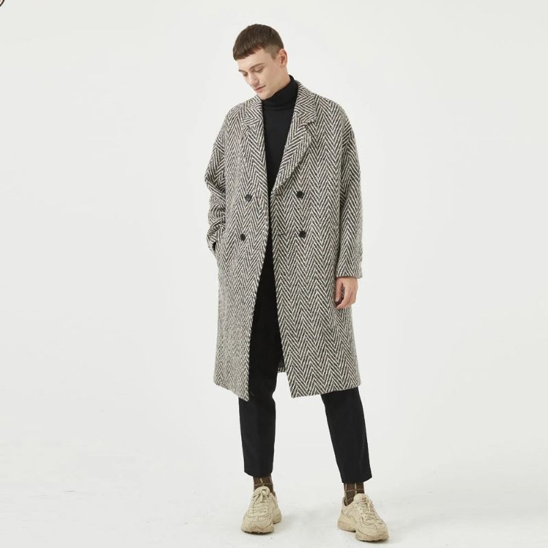 Gestreifter Wollmantel Für Herren Lockerer Zweireihiger Warmer Trenchcoat - Grau