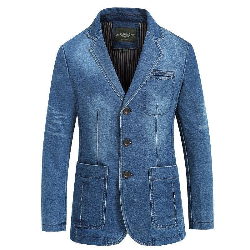 Herbst Blazer Jeansjacke Herren Anzug Jeansmantel Baumwolle Vintage Blau Klassisch Slim Fat Casual Kleidung Mantel - Himmelblau