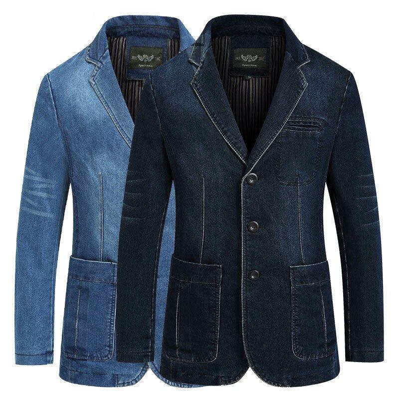 Herbst Blazer Jeansjacke Herren Anzug Jeansmantel Baumwolle Vintage Blau Klassisch Slim Fat Casual Kleidung Mantel - Himmelblau