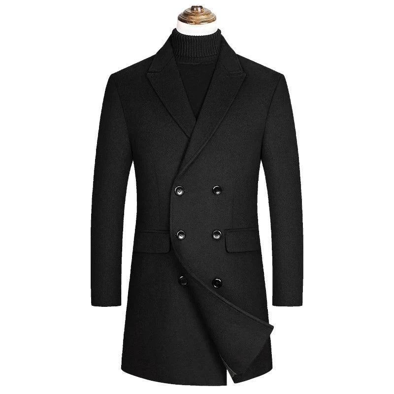 Herbst Und Winter Zweireihiger Wollmantel Für Herren Warmer Trenchcoat Lässige Business-jacke Für - Schwarz