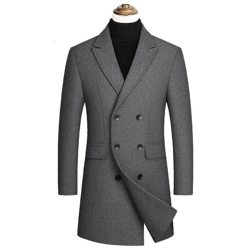 Herbst Und Winter Zweireihiger Wollmantel Für Herren Warmer Trenchcoat Lässige Business-jacke Für - Schwarz