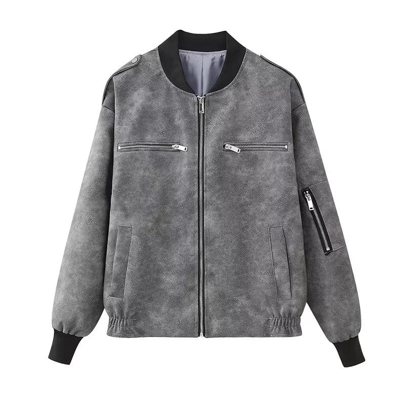 Herbst/winter Damen Kunstleder Kurze Lässige Lederjacke - Grau