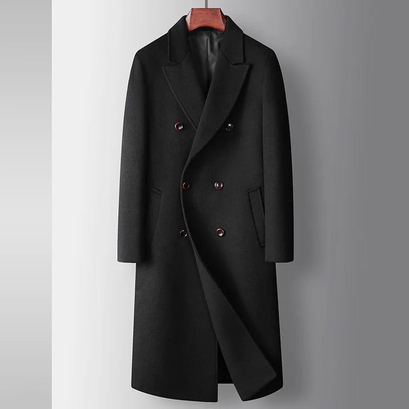 Herbst Winter Herrenmäntel Aus Wollmischungen Zweireihig Elegant Lässig Langer Woll-trenchcoat Für Herren Oberbekleidung - Schwarz