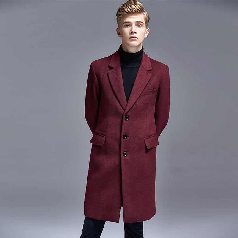 Herbst Winter Lässig England Schmal Einreihig Herren Anzugkragen Wolltrenchcoat Mittellang Herrenjacken Und -mäntel - Schwarz