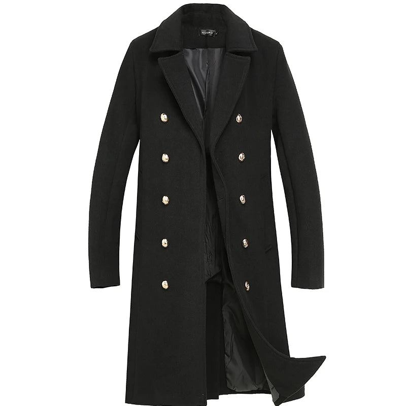 Herbst/winter Mittellange Jacke Dicker Wollmantel Lockerer Lässiger Zweireihiger Trenchcoat - Schwarz