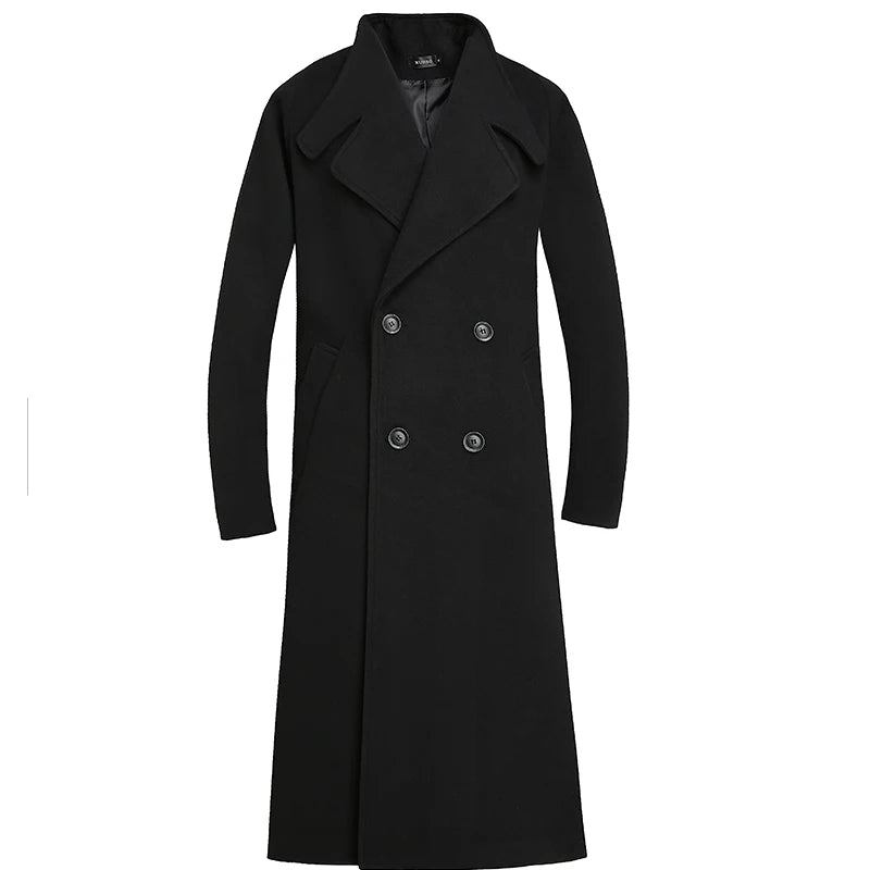 Herbst/winter Mittellange Jacke Dicker Wollmantel Lockerer Lässiger Zweireihiger Trenchcoat - Schwarz