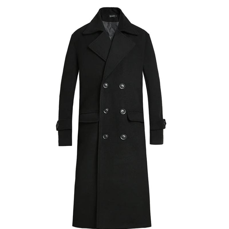 Herbst/winter Mittellange Jacke Dicker Wollmantel Lockerer Lässiger Zweireihiger Trenchcoat - Schwarz