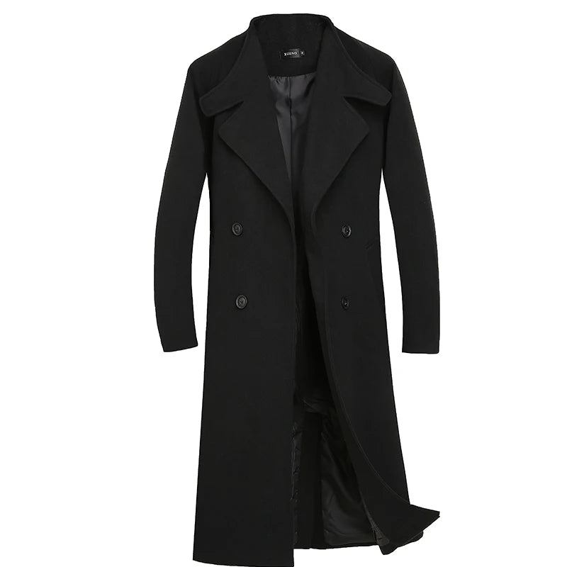 Herbst/winter Mittellange Jacke Dicker Wollmantel Lockerer Lässiger Zweireihiger Trenchcoat - Schwarz