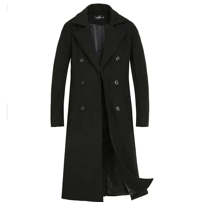 Herbst/winter Mittellange Jacke Dicker Wollmantel Lockerer Lässiger Zweireihiger Trenchcoat - Schwarz