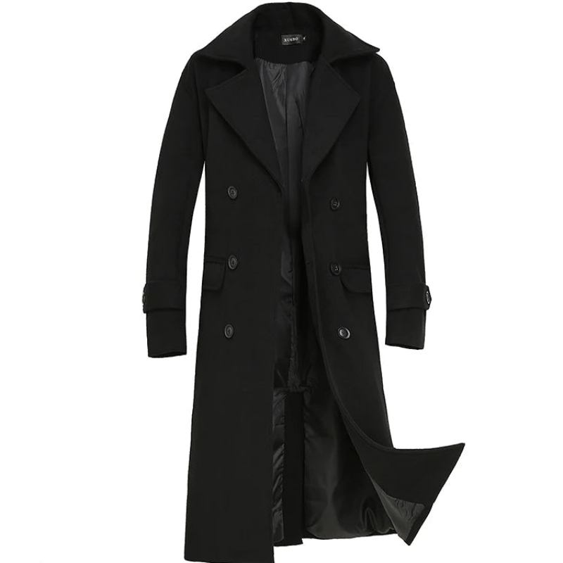 Herbst/winter Mittellange Jacke Dicker Wollmantel Lockerer Lässiger Zweireihiger Trenchcoat - Schwarz