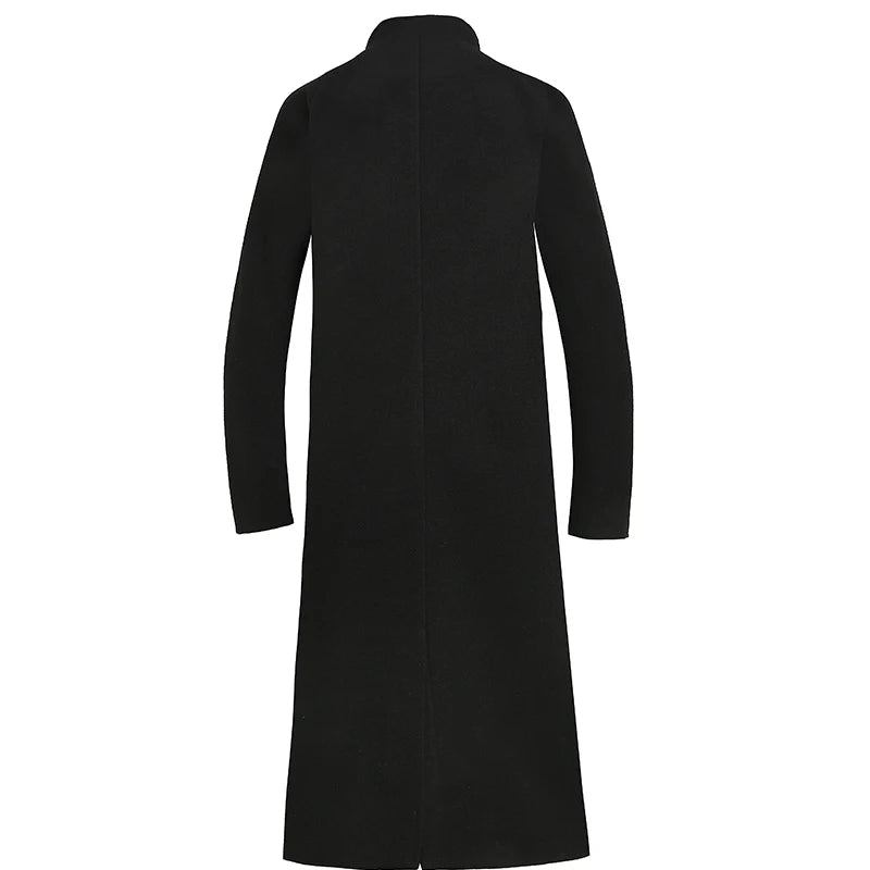 Herbst/winter Mittellange Jacke Dicker Wollmantel Lockerer Lässiger Zweireihiger Trenchcoat - Schwarz