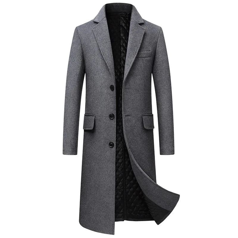 Herbst-winter-wolljacke Für Herren Boutique Hochwertiger Mantel Aus Wollmischung Trenchcoat Für Extralang Dicker Über Dem Knie - Schwarz