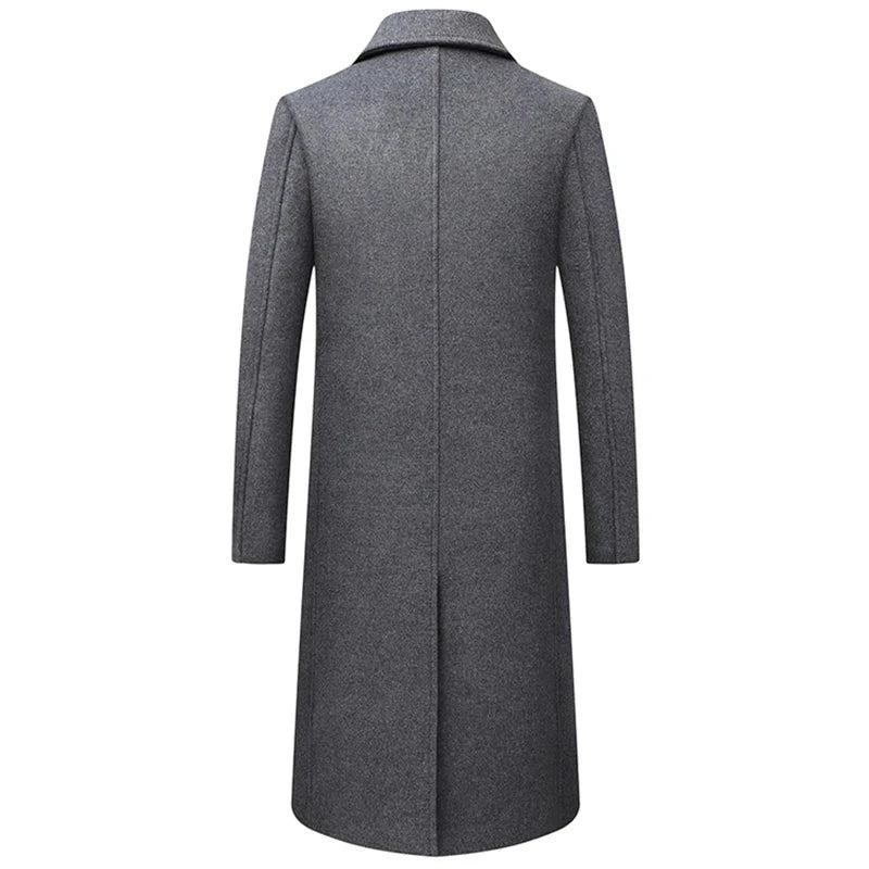 Herbst-winter-wolljacke Für Herren Boutique Hochwertiger Mantel Aus Wollmischung Trenchcoat Für Extralang Dicker Über Dem Knie - Schwarz