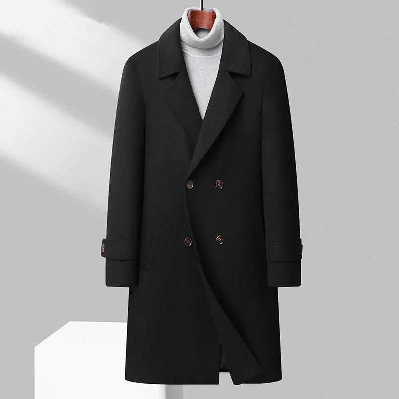 Herren Dicker Woll-trenchcoat Zweireihiger Langer Mantel Herbst Und Winter - Schwarz