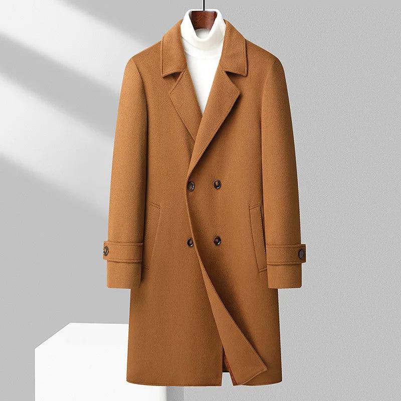 Herren Dicker Woll-trenchcoat Zweireihiger Langer Mantel Herbst Und Winter - Schwarz