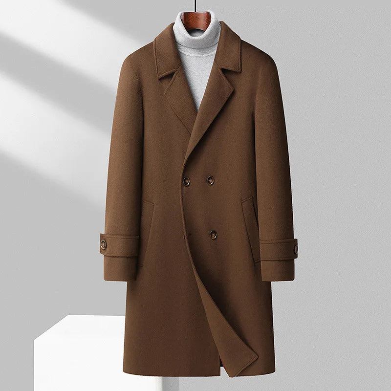 Herren Dicker Woll-trenchcoat Zweireihiger Langer Mantel Herbst Und Winter - Schwarz