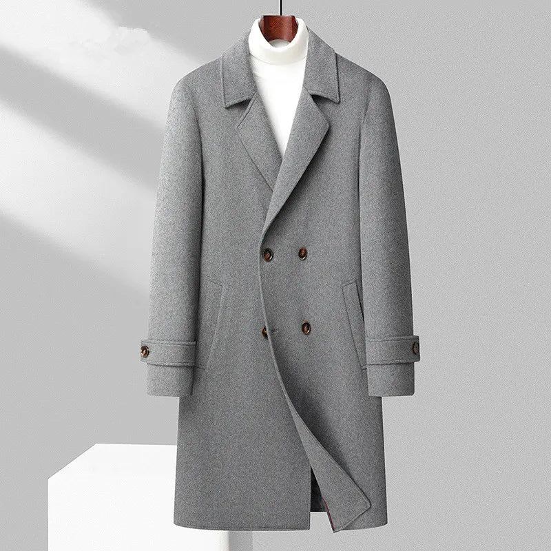 Herren Dicker Woll-trenchcoat Zweireihiger Langer Mantel Herbst Und Winter - Schwarz