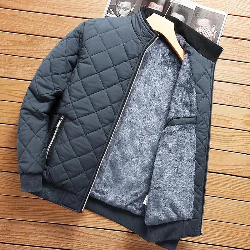 Herren Fleece Schlanker Mantel Metall Reißverschluss Kragen Jacke Rautenkariert Winddichte Steppjacke Fliegerjacke - Schwarz