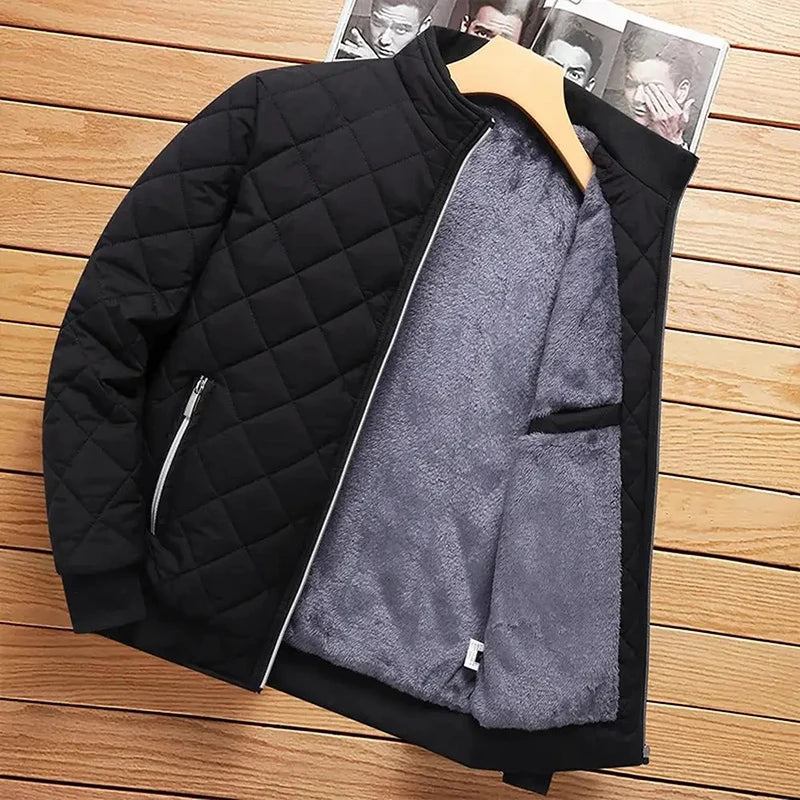 Herren Fleece Schlanker Mantel Metall Reißverschluss Kragen Jacke Rautenkariert Winddichte Steppjacke Fliegerjacke - Schwarz