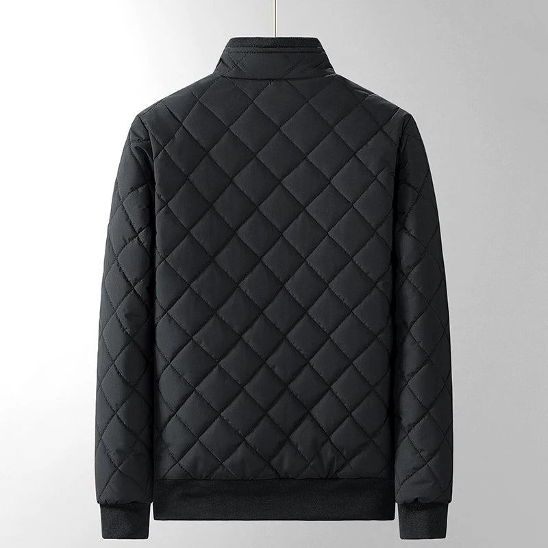 Herren Fleece Schlanker Mantel Metall Reißverschluss Kragen Jacke Rautenkariert Winddichte Steppjacke Fliegerjacke - Schwarz