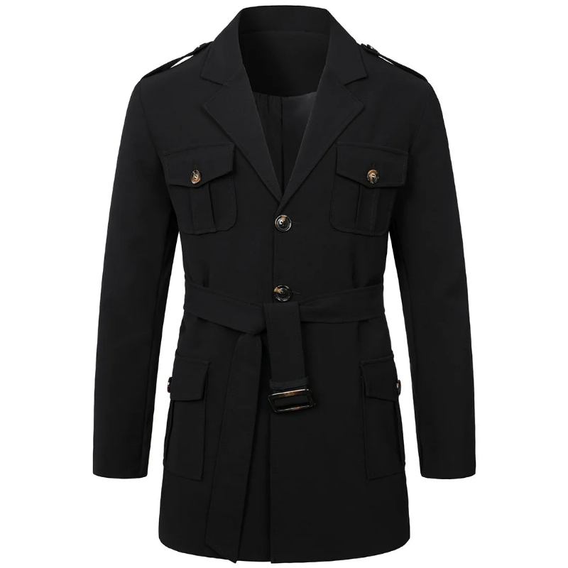 Herren Frühling Herbst Windschutz Mantel Langer Trenchcoat Mit Gürtel Für Zweireihiger - Schwarz