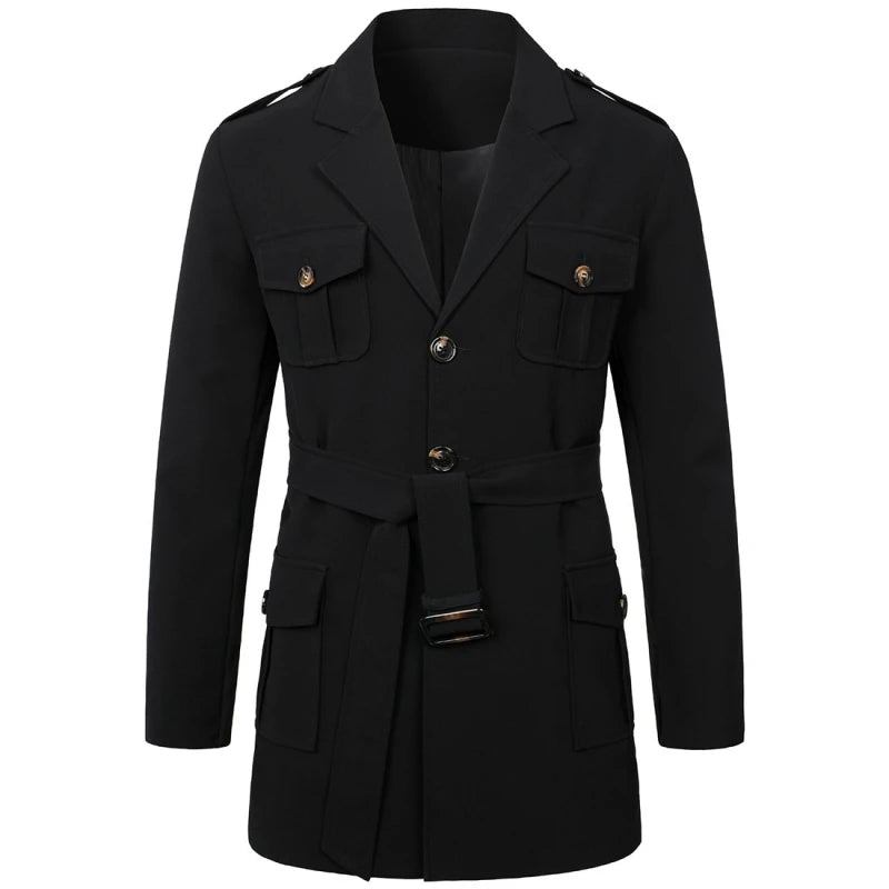 Herren Frühling Herbst Windschutz Mantel Langer Trenchcoat Mit Gürtel Für Zweireihiger - Schwarz